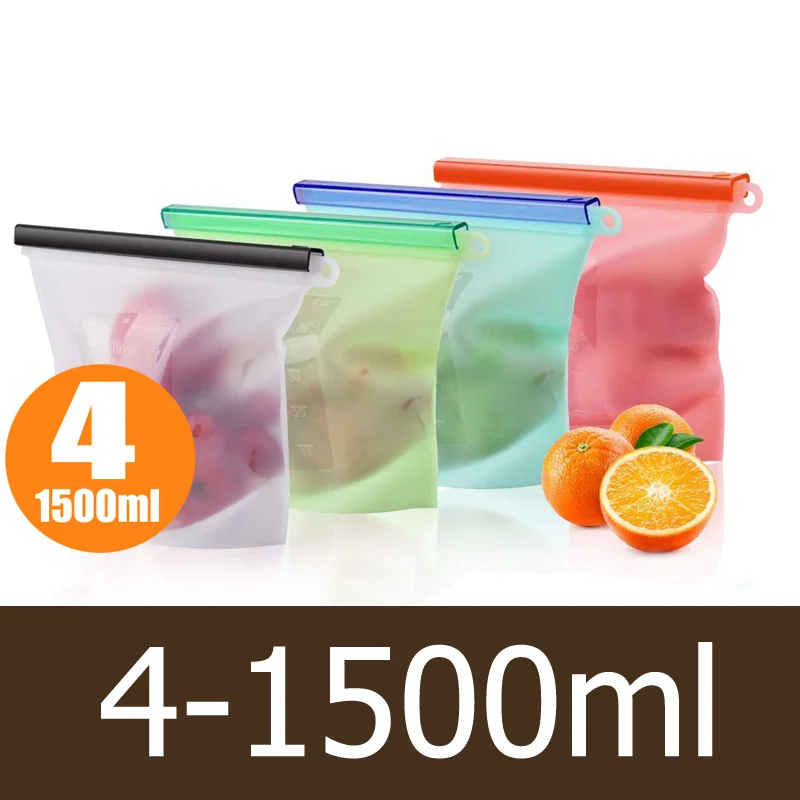 4-1500ml 1000 мл 1500 мл многоразовая силиконовая сумка для хранения продуктов эко Ziplock уплотнение силиконовые сумки для хранения контейнер для еды морозильная камера свежие сумки - Цвет: 4-1500ml