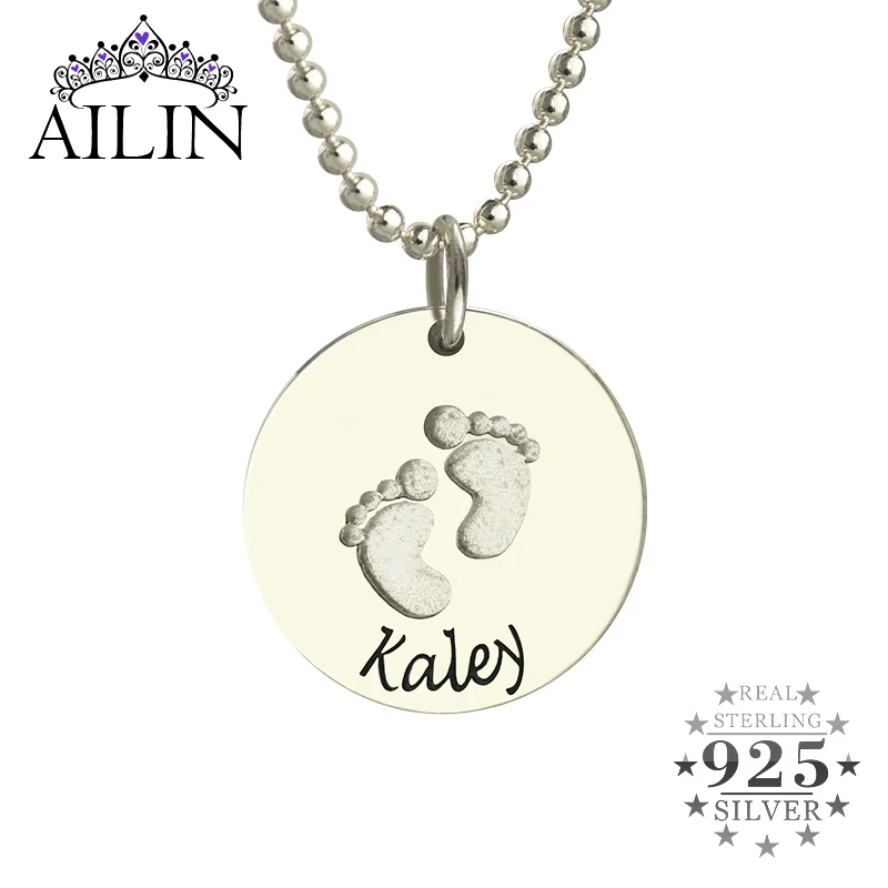 

AILIN Personalized Baby Feet Footprint Pendant Necklace Women 925 Sterling Silver Engraved Name Necklace Custom Mother Jewelry