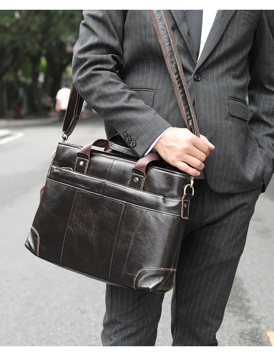 Black Leather Messenger Bag Unisex Laptop Briefcase