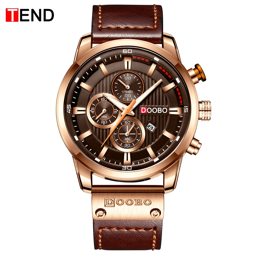 Новые часы для мужчин люксовый бренд TEND Хронограф Мужские спортивные часы Высокое качество кожаный ремешок кварцевые наручные часы Relogio Masculino - Цвет: brownbrowngold