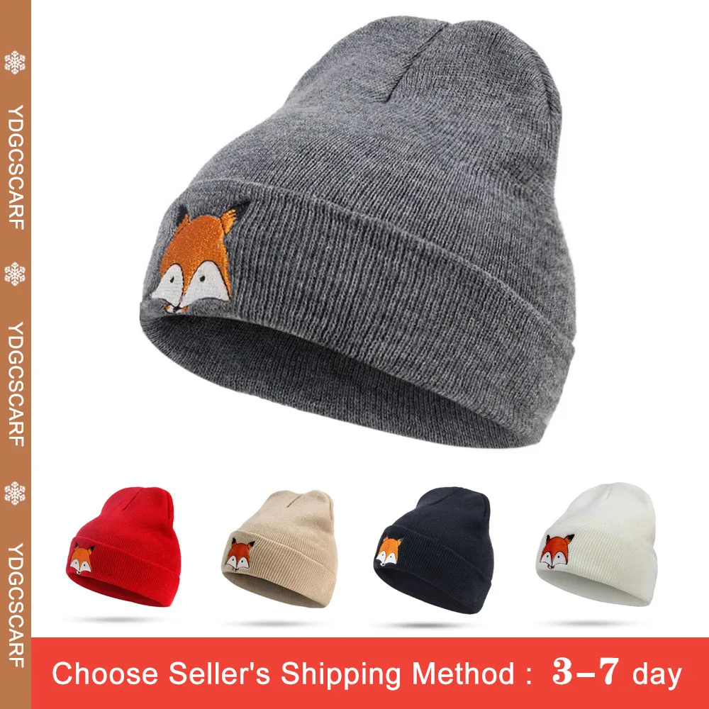 

New Autumn Winter Women Beanies Hat Outdoor Crochet warm Knitting Hats for men Cute Fox Embroidery Print Head Cap