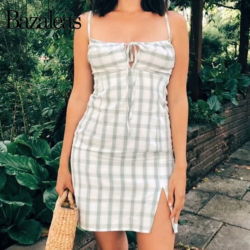 Bazaleas Retro Slim women split mini dress Chic Light Green Tartan Summer Dress Vintage Center Drawstring vestido | Женская одежда