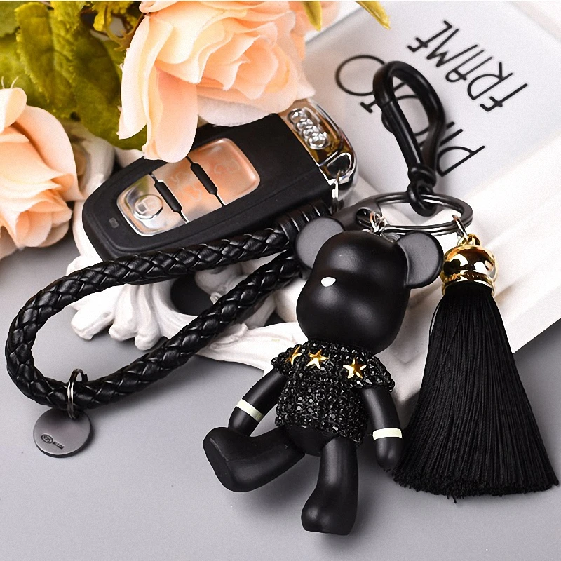 Charm-Holder Key-Chain Tassels Rhinestone Handmade Resin Popobe Cartoon Gloomy Bear Bomgom
