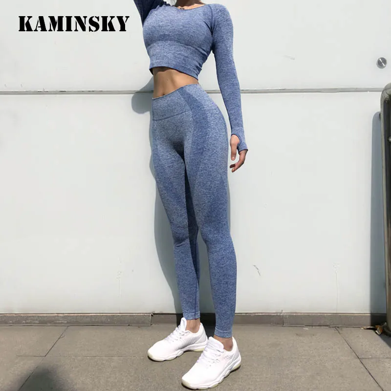 Женские Бесшовные костюмы для фитнеса Kaminsky короткий топ и леггинсы комплект из 2