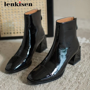 

Lenkisen Chelsea boots patent leather streetwear big size square toe thick high heel zip keep warm gentlewomen ankle boots L07
