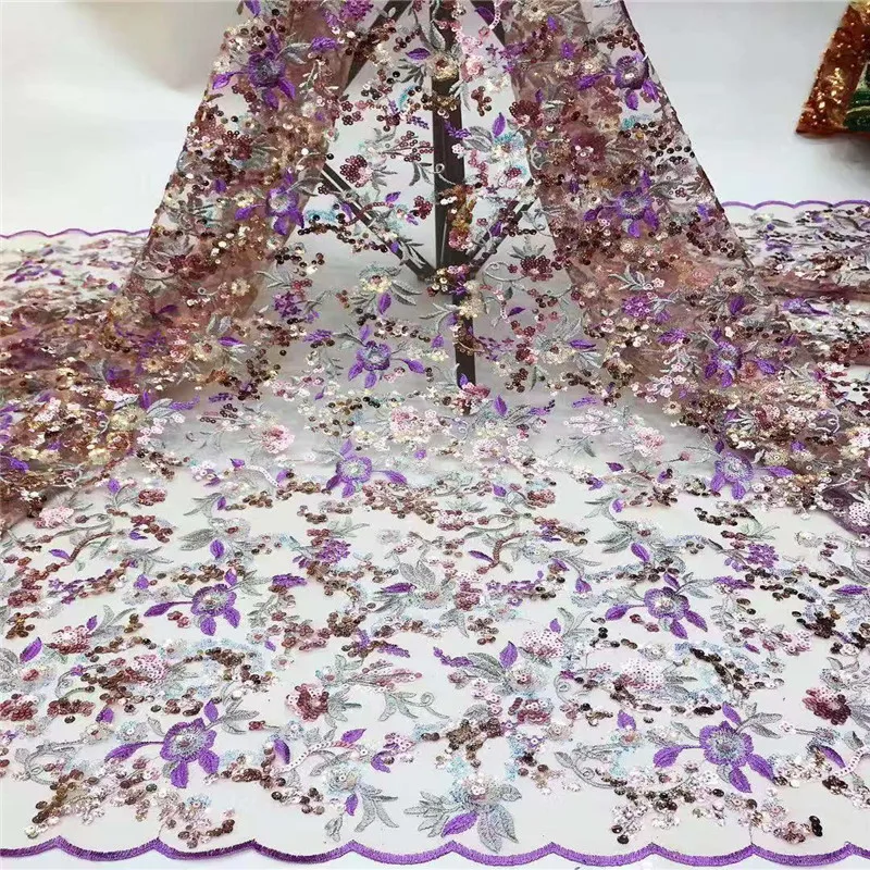 

African French Mesh Lace Fabric in Pink High Quality Embroidery 3D Sequins Tulle Lace Fabric Material 5 Yards / Pieces