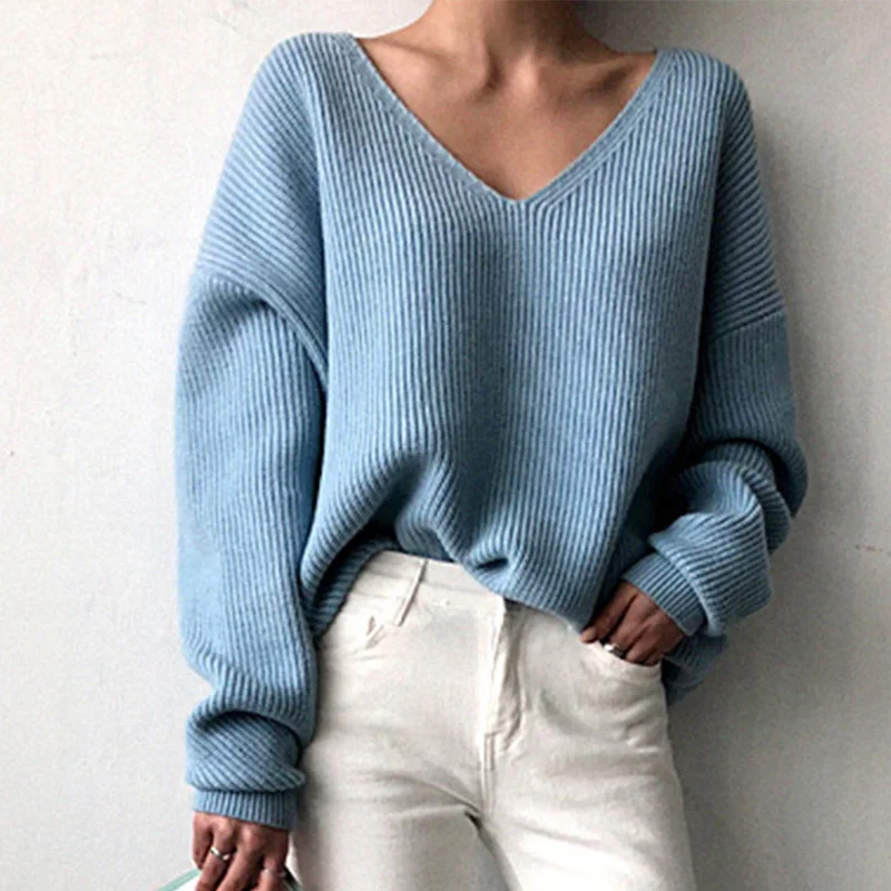 

Women's Knitted Pollovers V-Neck Sweaters Batwing Sleeve Autumn Winter Sweater Jumpers 2019 Fashion Vintage Casual Oversized Top