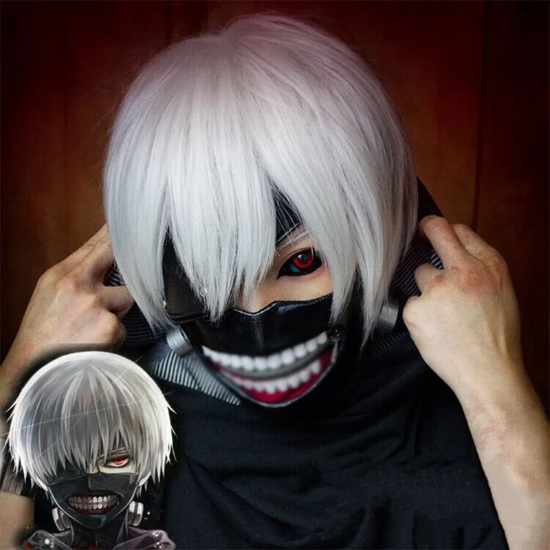 Аниме Токийский вурдалак Kaneki Ken короткие Серебристые белые термостойкие волосы косплей костюм парик бесплатно парик шапка