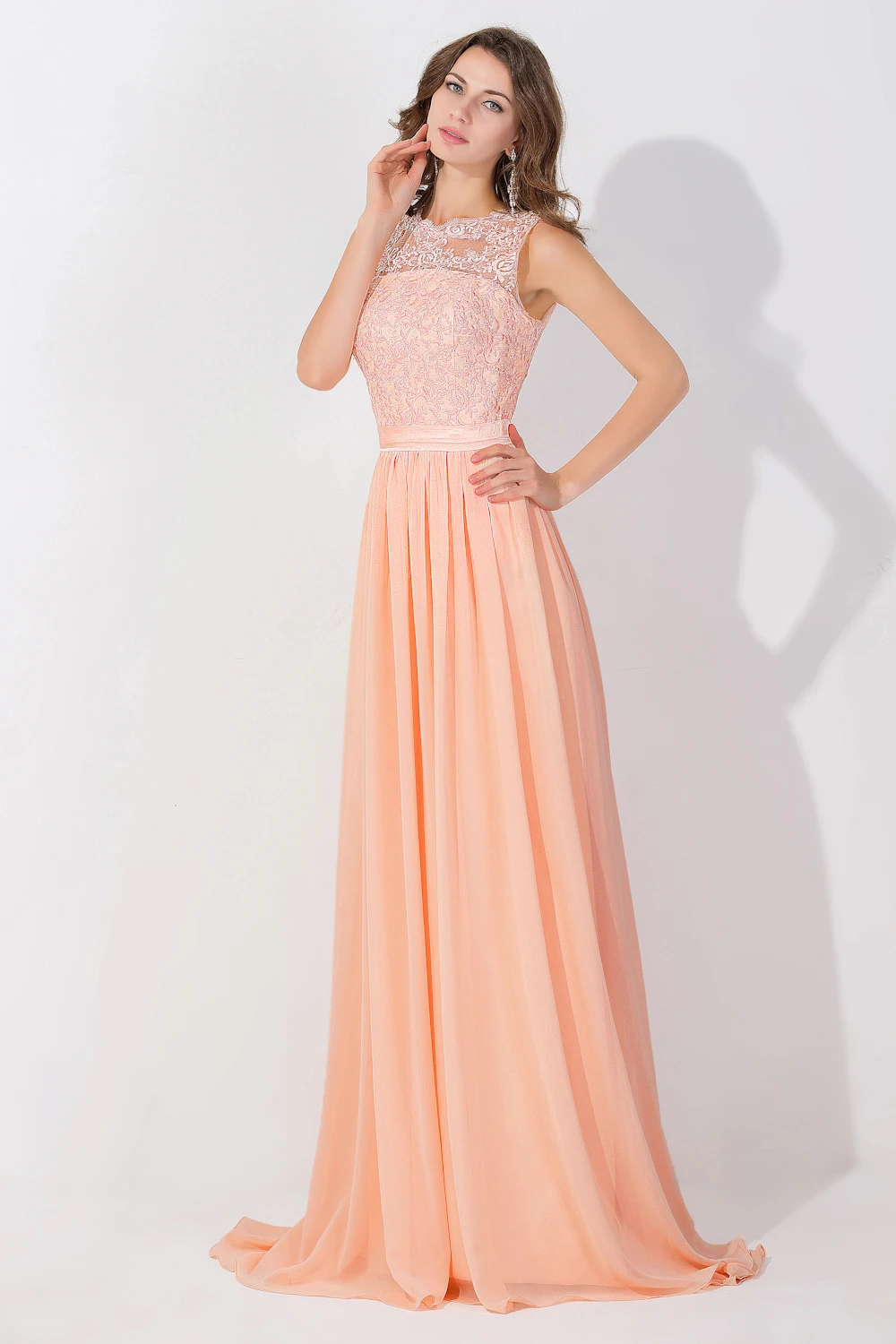 Vestido de Festa Sexy Illusion Lace Evening Dresses Long A-line Backless Evening Gowns O-neck Chiffon Robe De Soiree