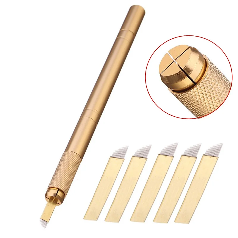 Mejor vendedor  Pistolas manuales de tatuaje de cejas, maquillaje permanente, 5 uds., agujas de cuchilla de 12 pines + bolígrafo 3D Tebori dorado, Microblading NyoAM6MOw