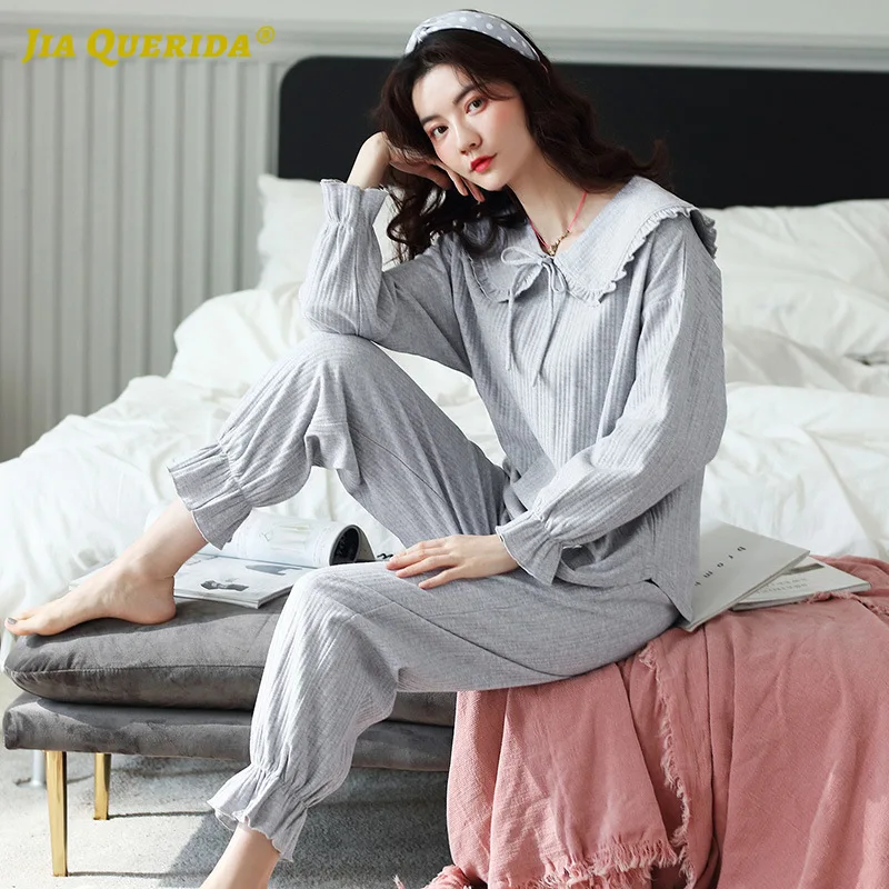 

2020 Pajamas Women 100% Cotton Long Sleeve Homewear Loose Size Victorian Chic Lapel Pyjamas Women Lantern Sleeves Pants Pijamas