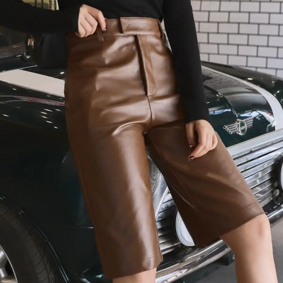 coffee spring autumn fashion ankle length pu pants women high waist wide leg pants - Цвет: coffee