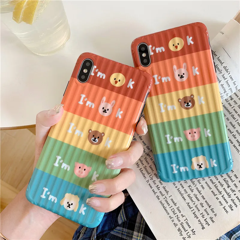 

For iPhone 6 6S 7 8 Plus Luggage Suitcase Phone Case For iPhone X XS Max/XR Funny Rainbow I'm OK animal heads Pattern soft cover