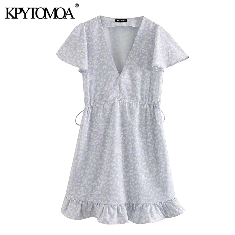 KPYTOMOA Women 2020 Elegant Fashion Floral Print Ruffled Mini Dress Vintage Short Sleeve Adjustable Tied Female Dresses Vestidos KPYTOMOA Women 2020 Elegant Fashion Floral Print Ruffled Mini Dress Vintage Short Sleeve Adjustable Tied Female Dresses Vestidos