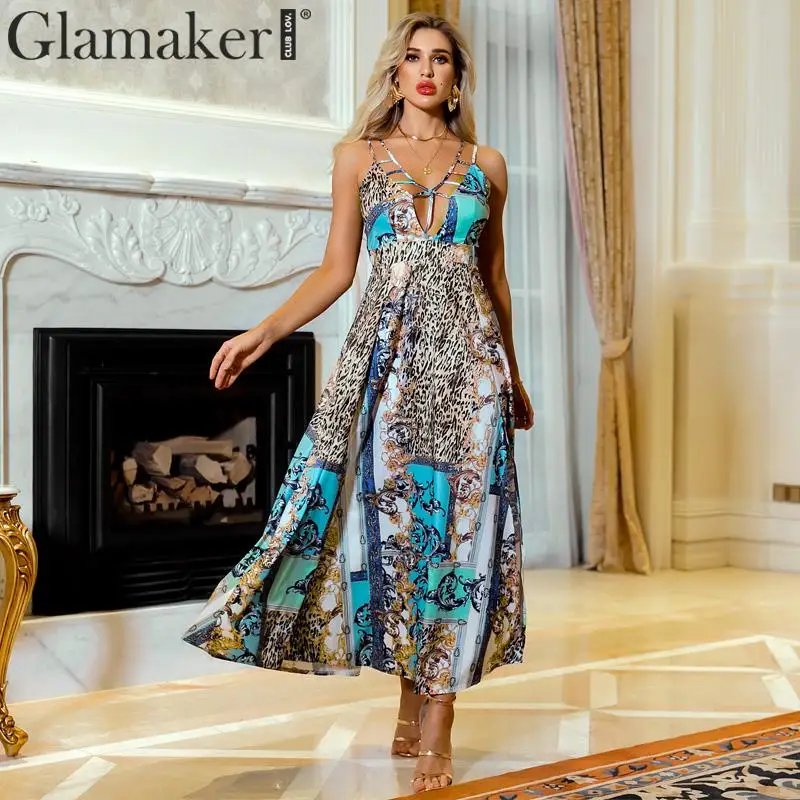 Glamaker, Леопардовый принт, Ретро стиль, макси платье, для женщин, без рукавов, вечерние, для клуба, праздничное платье, сексуальное, винтажное, с высоким разрезом, v-образный вырез, длинное, dvestidos