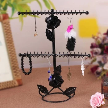 

Stable Necklace Bracelet Organizer Engraved Rose Earrings Storage Solid Iron Home Ornament Jewelry Stand With Base Table Display