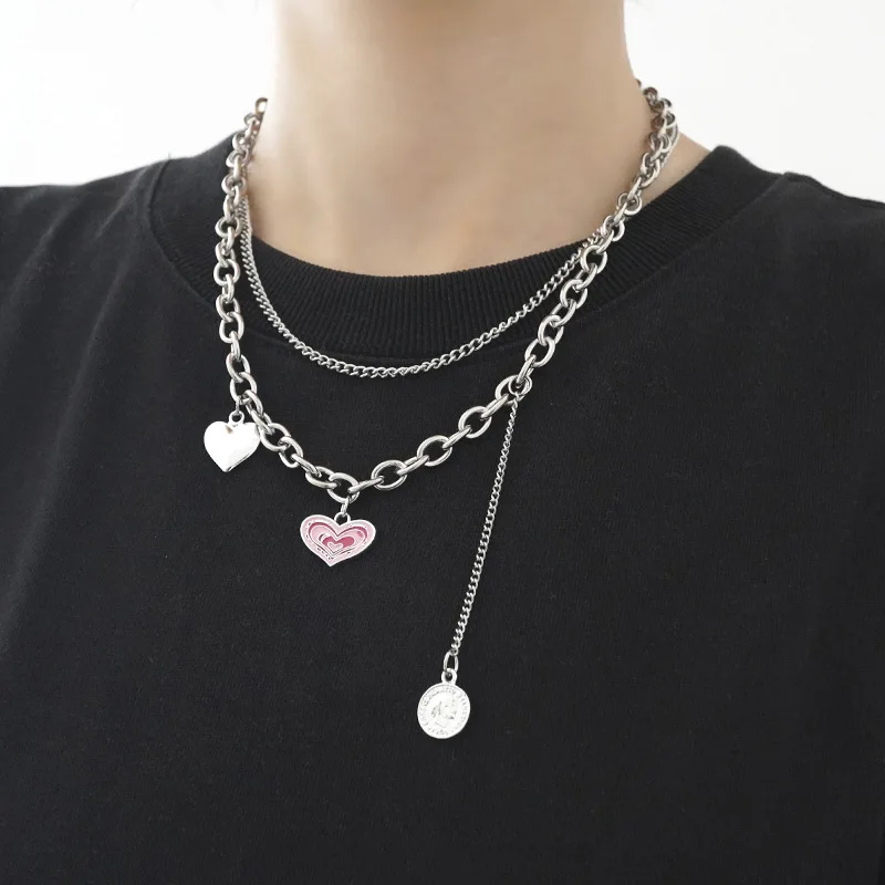 Exquisite Double Layer Pink Color Heart Pendant Necklace for Women Silver Chain Hip Pop Party Jewelry Gifts | Украшения и