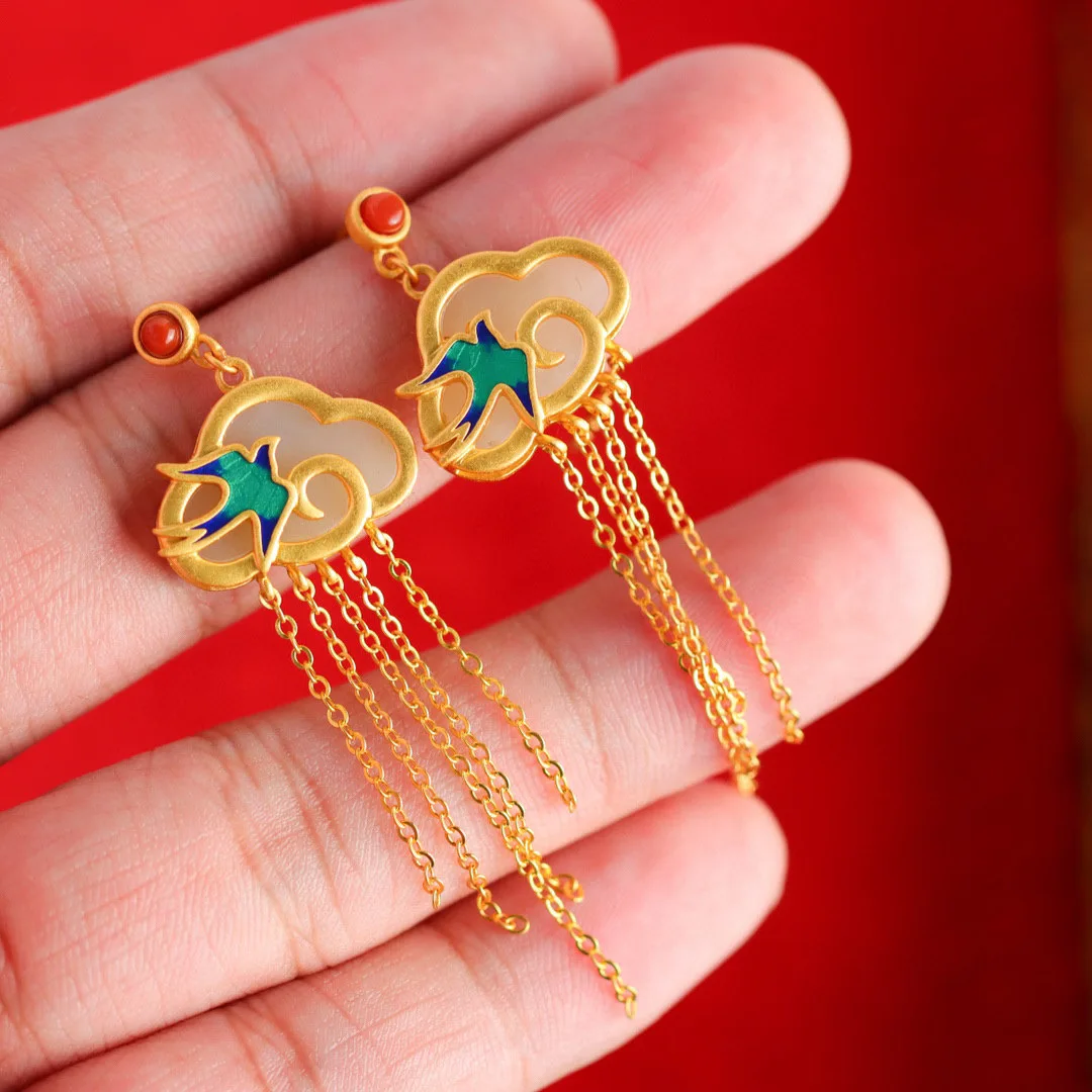 

Chinese Style Enamel Imitation Wada Jade Stone Long Earring for Women Aesthetic Art Vintage Nation Jewelry Tassels Drop Earrings