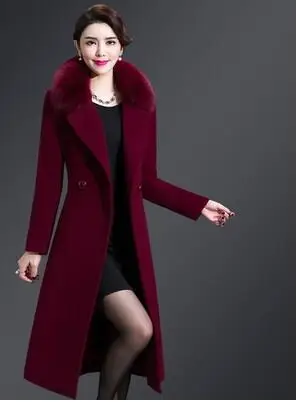 Red wine Зимняя шерстяная куртка для мамы, тонкое, темпераментное, большой меховой воротник, женское длинное пальто, толстый теплый пояс, женское повседневное шерстяное пальто - Цвет: Red wine