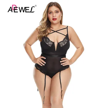 

ADEWEL Black Criss Cross Detail Hollow-out Back Plus Size Teddy Lingerie Sexy Women Bodysuit Bandage Backless Bodysuits