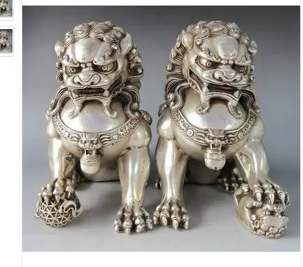 Тибетское серебро 16 см/6 3 дюйма китайское Fu Foo Dog Guardian статуя льва пара инструменты