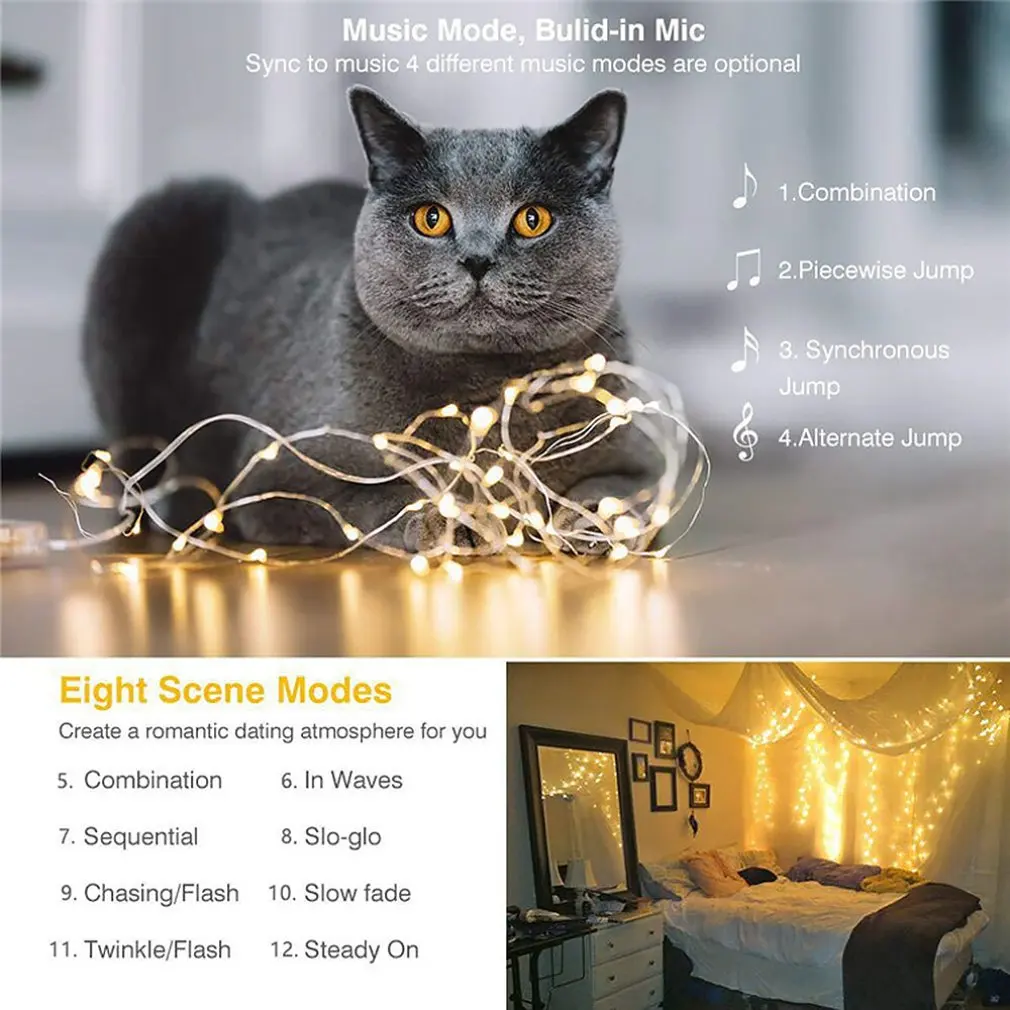 100 Light Copper Wire Light Led Sound Control Battery Box 8 Function+ Music 4 Optional Functions Dimmable