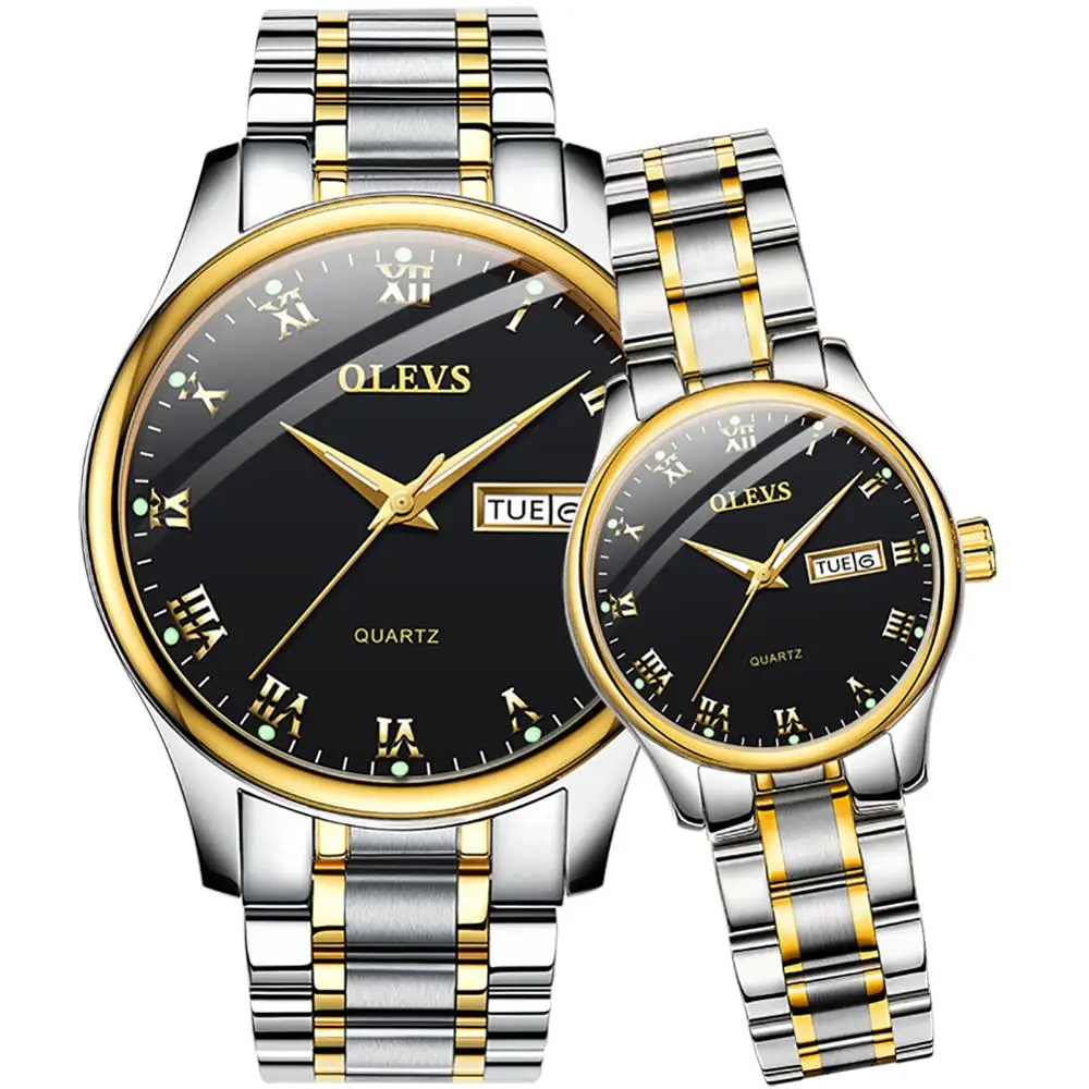Часы для влюбленных, кварцевые часы для мужчин и женщин, роскошные часы от ведущего бренда OLEVS, водонепроницаемые часы, модные светящиеся часы с кожаным ремешком, новинка, uhr - Цвет: Couple Silver Black