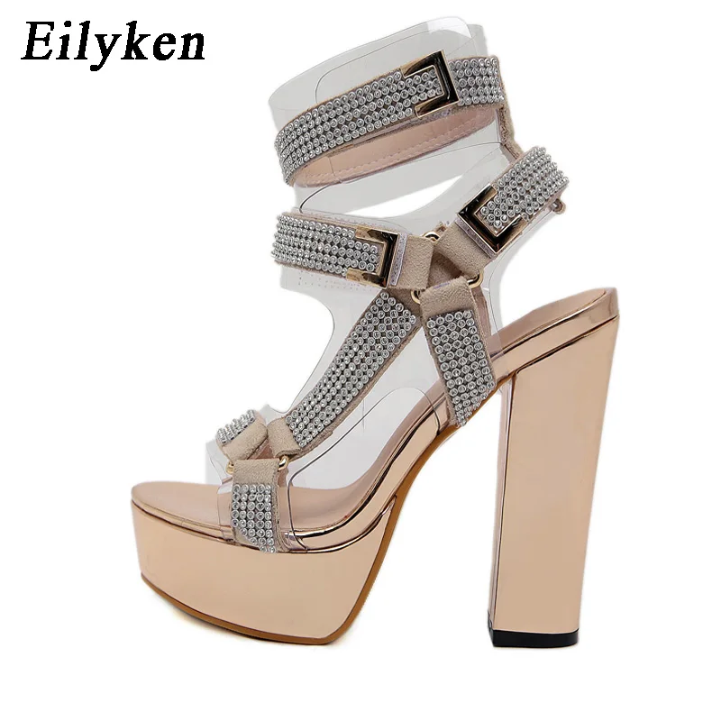Eilyken Fashion Platform Crystal Ankle Transparent Strap Women Sandals Summer Open Toed Metal Buckle Nightclub High Heels Shoes