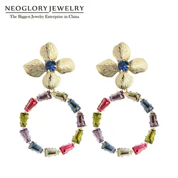 

NEOGLORY 2020geometric rainbow Crystal Circle with Four Petals Colorful Drop Earrings For Women Party Christmas Thanksgiving