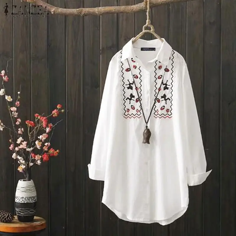 Весенняя длинная рубашка Vestidos ZANZEA, Женская хлопковая блуза с лацканами, винтажная туника с длинным рукавом и цветочным принтом, топы, женские блузы Mujer