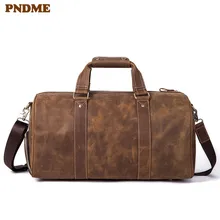PNDME уличные, из натуральной кожи, мужская сумка для путешествий в винтажном стиле высокого качества теплые водонепроницаемый чемодан одежда в простом повседневном вещевой мешок