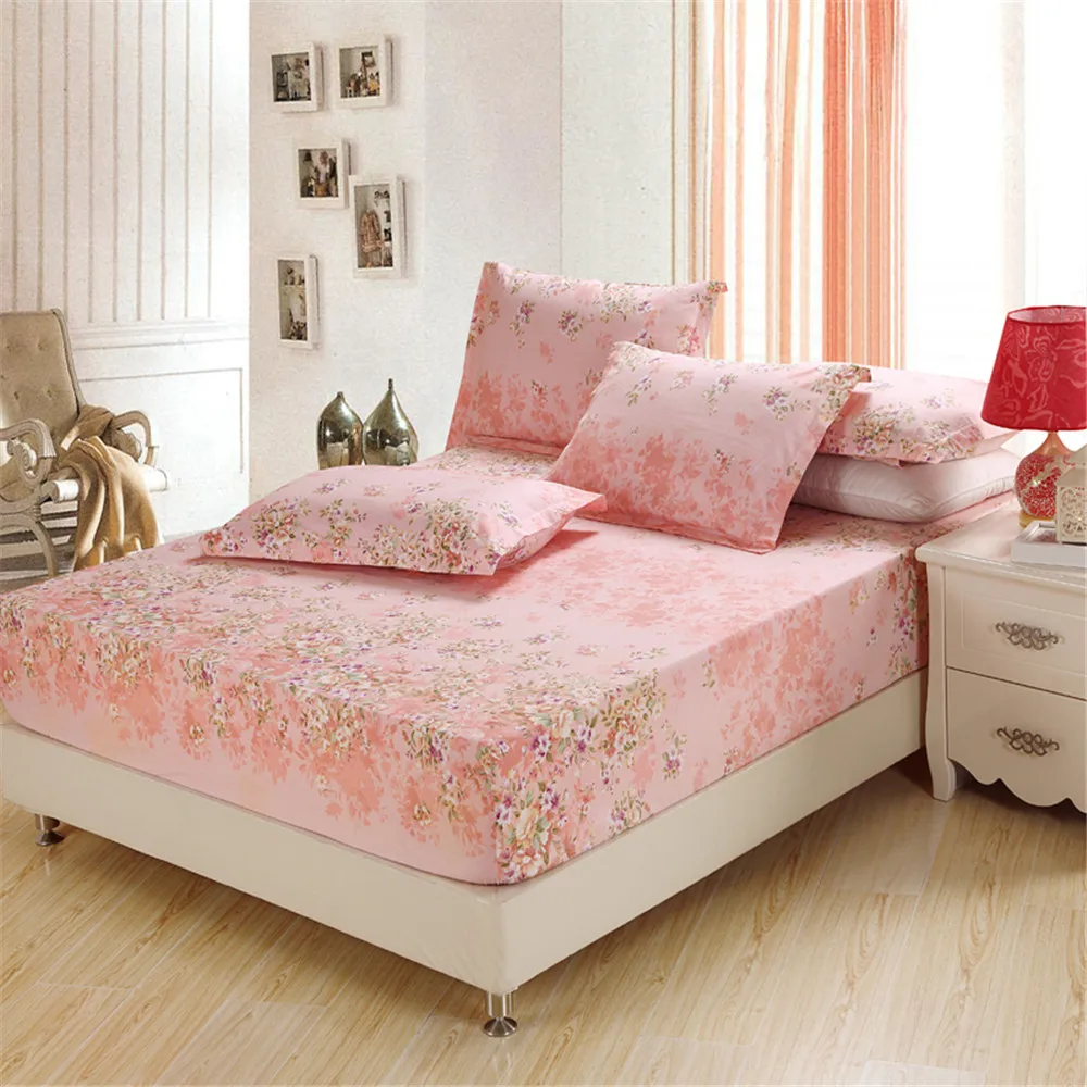 

luxury pink Small broken flower Elastic Mattress cotton Printed Bed Linen twin full Queen king Fitted Sheet Sets soft Pillowcase