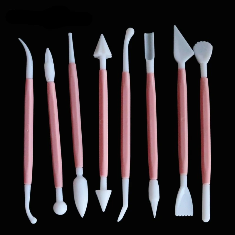 8pcs/Set Sculpture Double Sugar Modeling Cutter Smoother Polymer Clay Mold Fondant Gum Paste Decorating Tool Kit dough scraper,baking tool,dough cutter