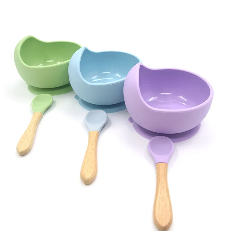 Bébé Silicone alimentation bol ensemble cuillère en bois ventouse bol bébé assiette enfants enfant en bas âge aider vaisselle sans BPA Silicone de haute qualité