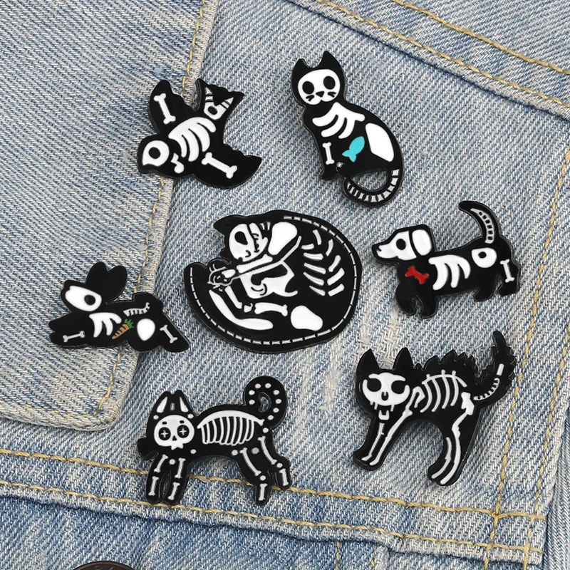 Animal Skeleton Brooches Cat Dog Skull Pins Punk Gothic Dark Badges Black White Metal Enamel Pin Lapel Bag Clothes Jewelry Gifts | Украшения
