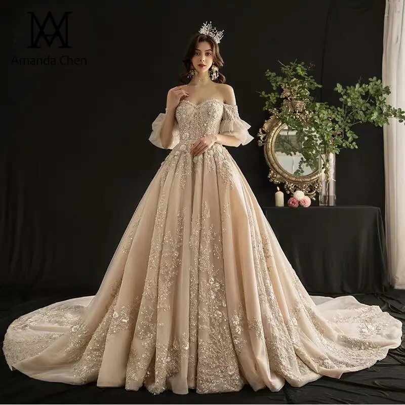 Hochzeitskleid с открытыми плечами аппликации кружевные со стразами бисером свадебное платье