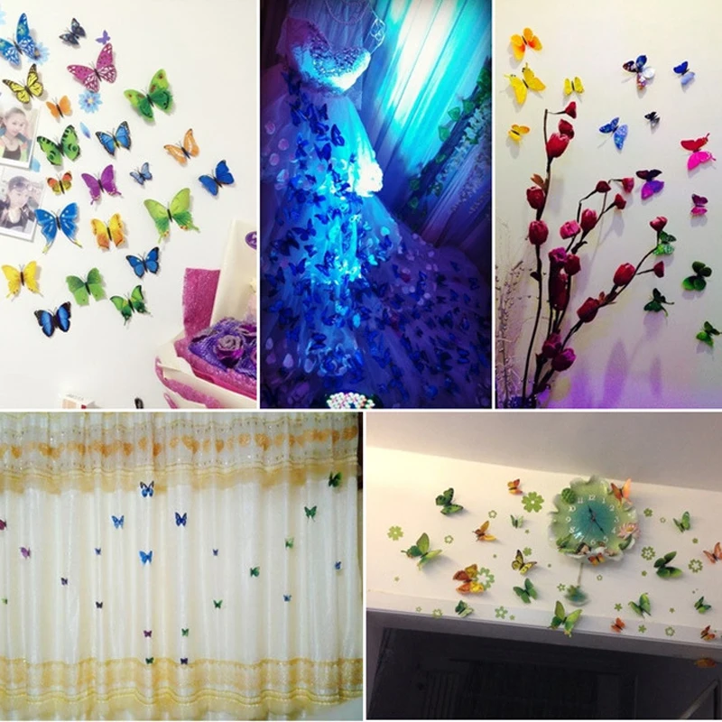 12pcs Multicolor Double Layer Wings 3D Butterfly Wall Sticker Magnet PVC Butterflies Party Kids Bedroom Fridge Decor Magnetic