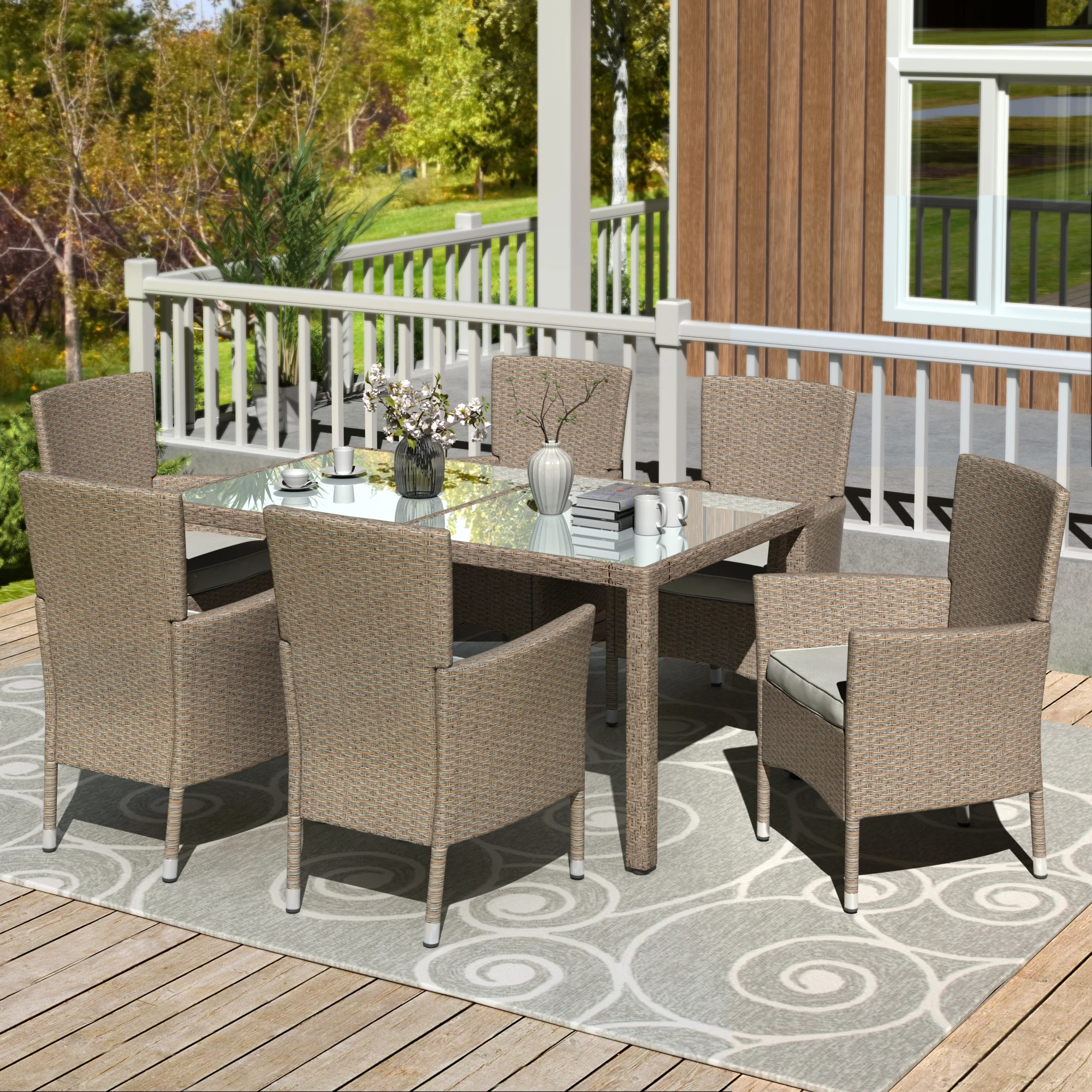 

Wicker Patio Furniture Set 6 Chair Outdoor Garden Home Furniture Dining Table Poolside Decor