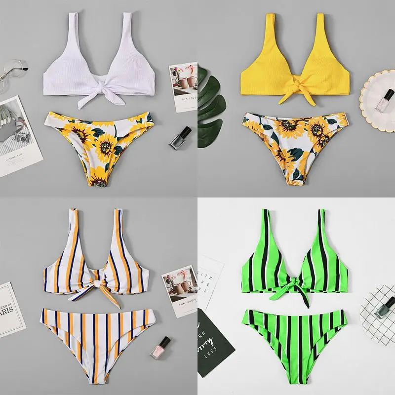

Women Bow Sunflower Stripe Printed Padded Push-up Bikini Swimwear Swimsuit Bathing Suit