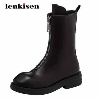 

Lenkisen motorcycle boots real leather zipper decorations coolest thick med heel round toe rock daily wear mid-calf boots L5f2