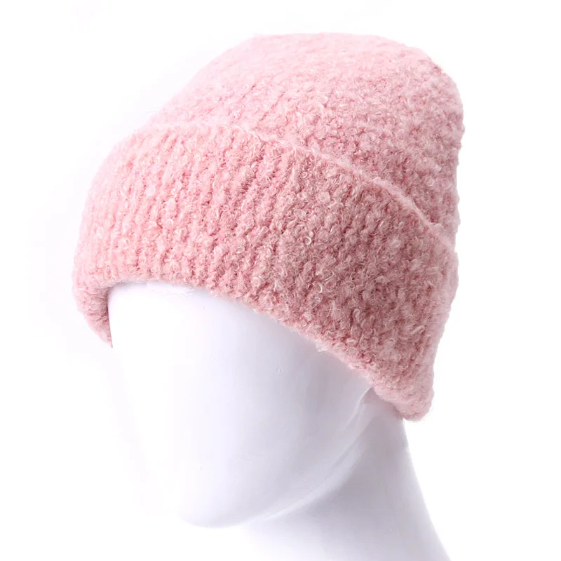 Модная вязанная шерстяная шапка для женщин и мужчин, зимняя уличная ветрозащитная Вязаная Шапка-бини, одноцветная шерстяная плотная теплая шапка - Цвет: D