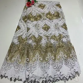 

white Latest Design African Dry Lace Fabrics High Quality Cotton Lace Fabric gold White Stones Swiss Voile Lace In Switzerland