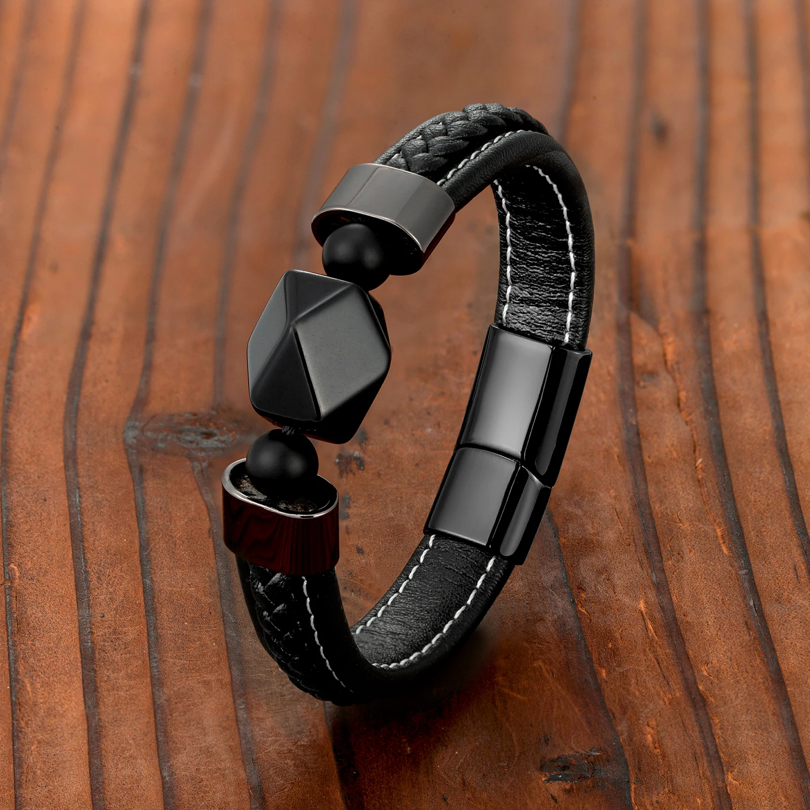 Vintage Jewelry Geometric Natural Black Onyx Men's 316L Stainless Steel Leather Rope Bracelet charm bracelet