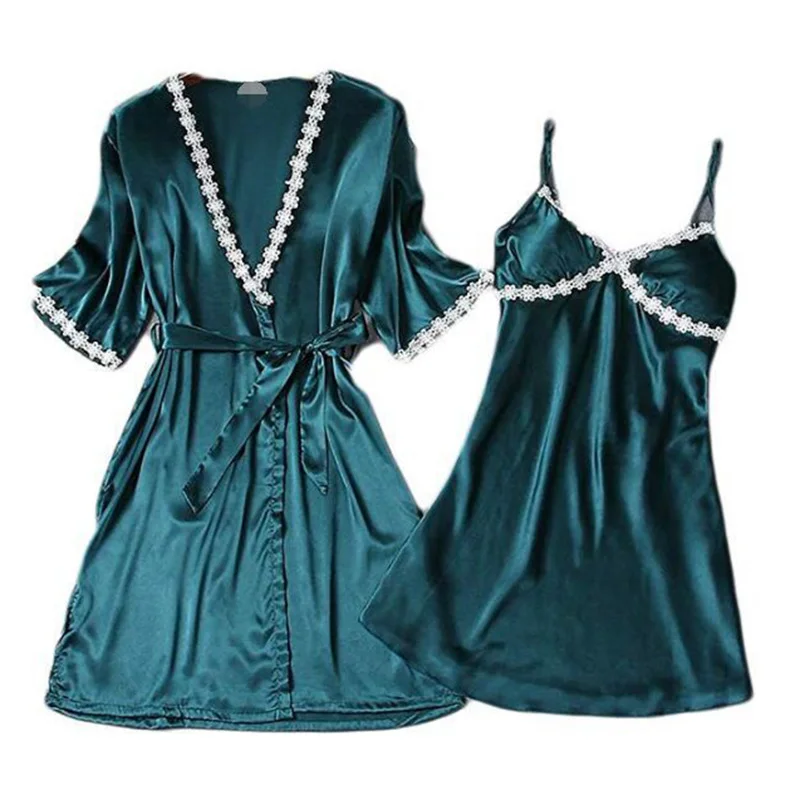

Women's Robe & Gown Sets Sexy Emulation silk Soft Halter Temptation Lace Nightdres s 2pcs Mini Dress And Coat Femme Lingerie