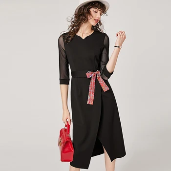 

Spring Autumn Office Lady Fashion Black Dress V-neck Mesh Three Quarter Sleeve Patchwork Slim Solid Sashes Women Long Dress