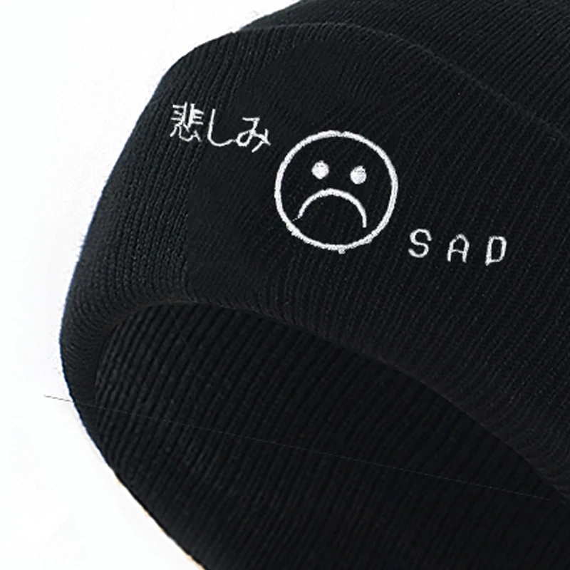 Sad boy knitted beanie cap embroidery cotton flexible warm winter hat sad face beanies men women fashion ski hats