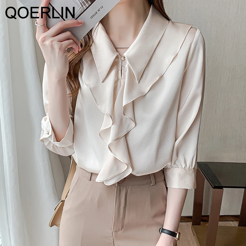 QOERLIN Loose Three-quarter Sleeves Ruffled Turn-Down Collar Chic Elegant Workwear Chiffon Shirt Office Ladies  OL Tops