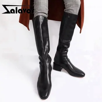 

ZALAVOR Women Genuine Leather Retro Knee High Boots Knight Boots Zipper Chunky Heels Long Boots Casual Shoes Woman Size 33-40