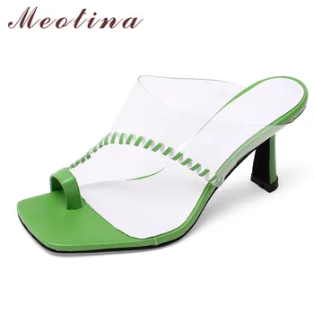 

Meotina Flip Flops Real Leather Slippers Transparent High Heel Women Slides Square Toe Thin Heels Shoes Summer Sandals Size 9