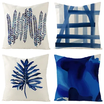 

New Style Blue Geometric Flax Pillow Covers Amazon Home Hot Selling Sofa Back Cushion Cushion Cover Wholesale